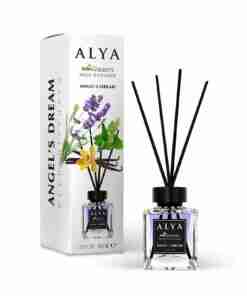 Odorizant de cameră Alya Angel’s Dream 100 ml, flacon cu bețișoare negre și cutie