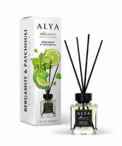 Odorizant de cameră Alya Bergamot & Patchouli 100 ml, flacon cu bețișoare negre și cutie