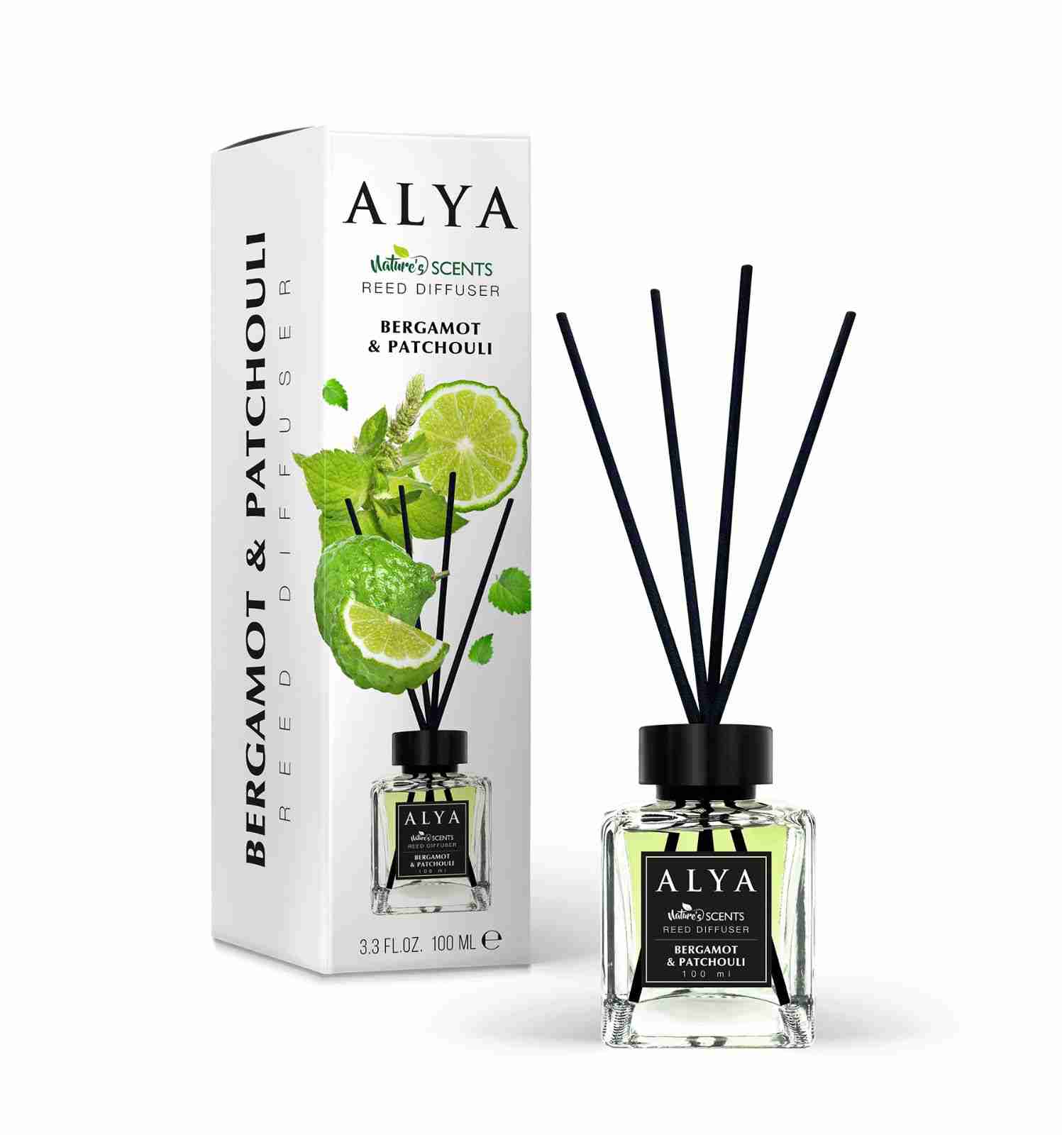 Odorizant de cameră Alya Bergamot & Patchouli 100 ml, flacon cu bețișoare negre și cutie