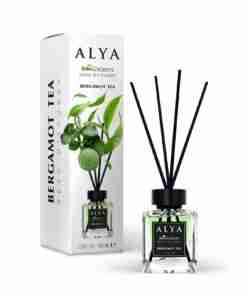 Odorizant de cameră Alya Bergamot Tea 100 ml, flacon cu bețișoare negre și cutie
