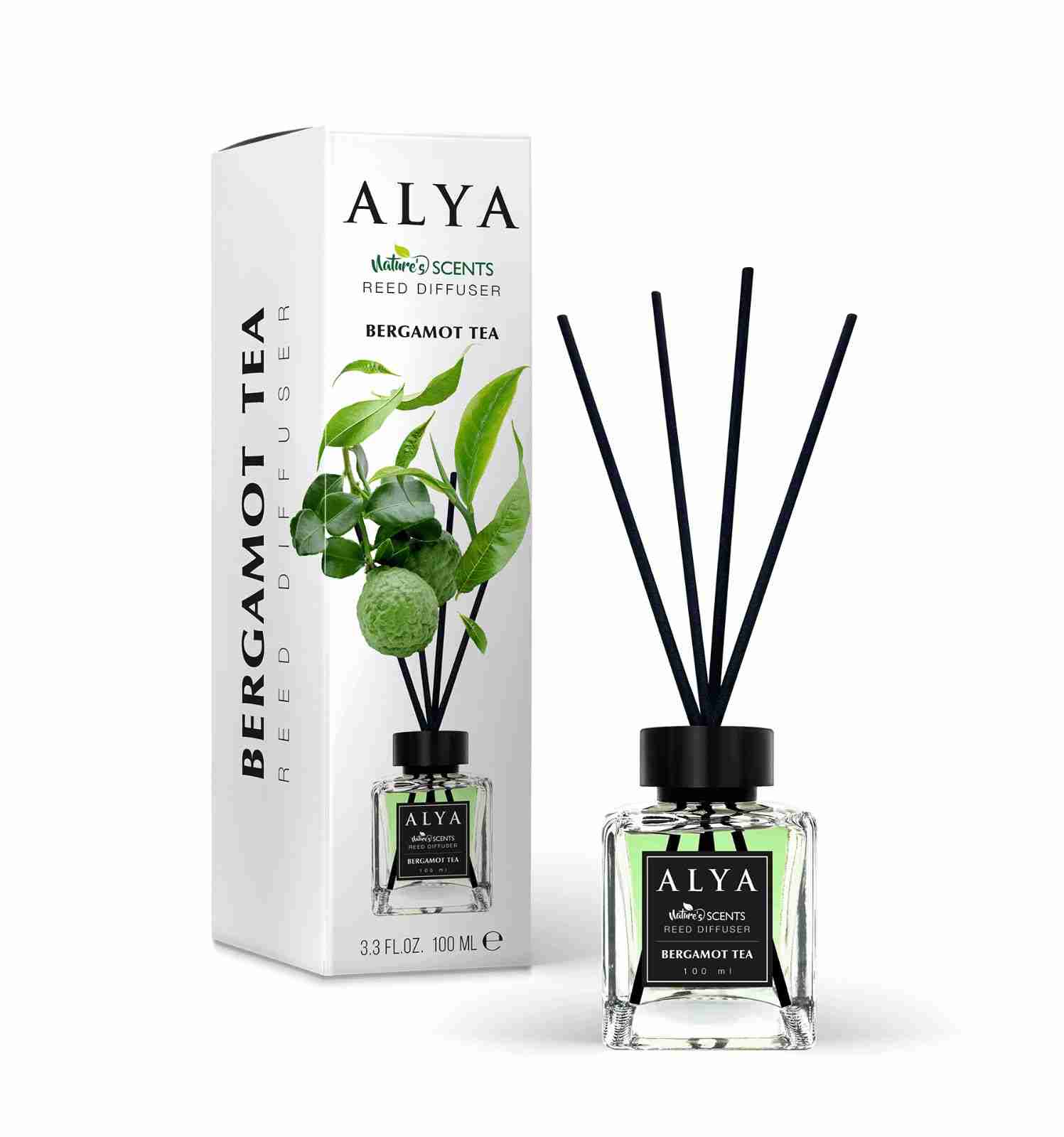 Odorizant de cameră Alya Bergamot Tea 100 ml, flacon cu bețișoare negre și cutie