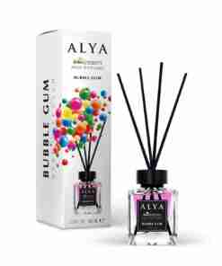 Odorizant de cameră Alya Bubble Gum 100 ml, flacon cu bețișoare negre și cutie