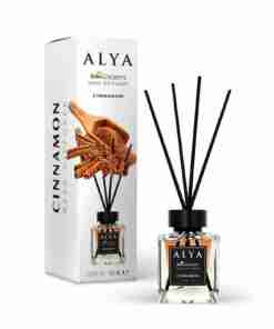 Odorizant de cameră Alya Cinnamon 100 ml, flacon cu bețișoare negre și cutie