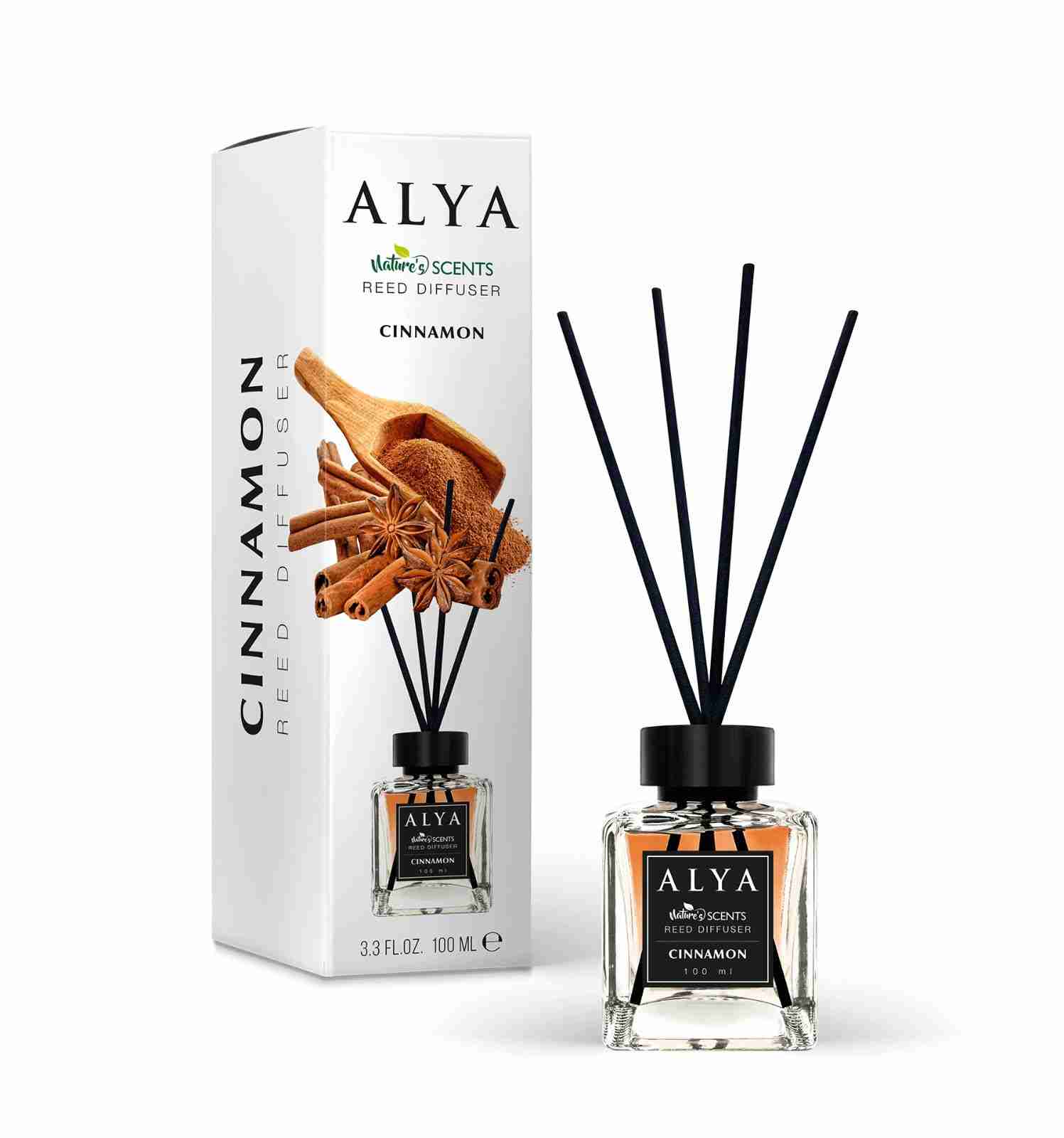 Odorizant de cameră Alya Cinnamon 100 ml, flacon cu bețișoare negre și cutie