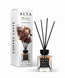 Odorizant de cameră Alya Coffee Latte 100 ml, flacon cu bețișoare negre și cutie