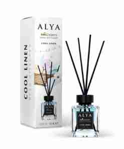 Odorizant de cameră Alya Cool Linen 100 ml, flacon cu bețișoare negre și cutie