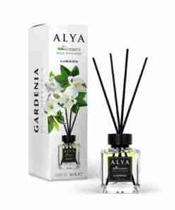 Odorizant de cameră Alya Gardenia 100 ml, flacon cu bețișoare negre și cutie