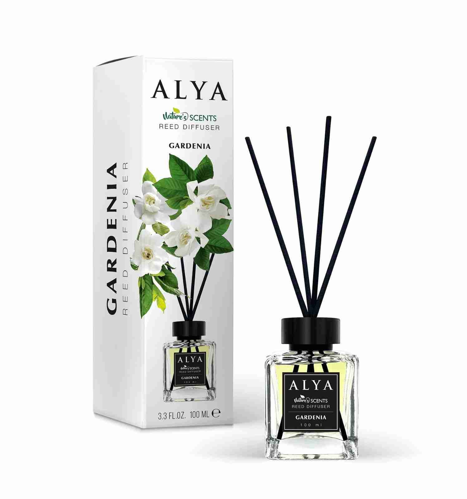 Odorizant de cameră Alya Gardenia 100 ml, flacon cu bețișoare negre și cutie
