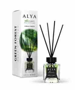 Odorizant de cameră Alya Green Forest 100 ml, flacon cu bețișoare negre și cutie