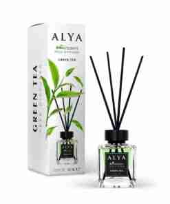 Odorizant de cameră Alya Green Tea 100 ml, flacon cu bețișoare negre și cutie