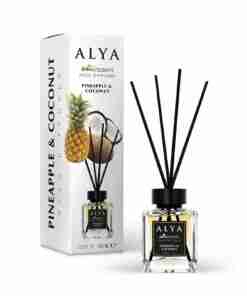 Odorizant de cameră Alya Pineapple & Coconut 100 ml, flacon cu bețișoare negre și cutie