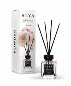 Odorizant de cameră Alya Powder 100 ml, flacon cu bețișoare negre și cutie