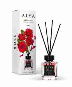 Odorizant de cameră Alya Rose 100 ml, flacon cu bețișoare negre și cutie