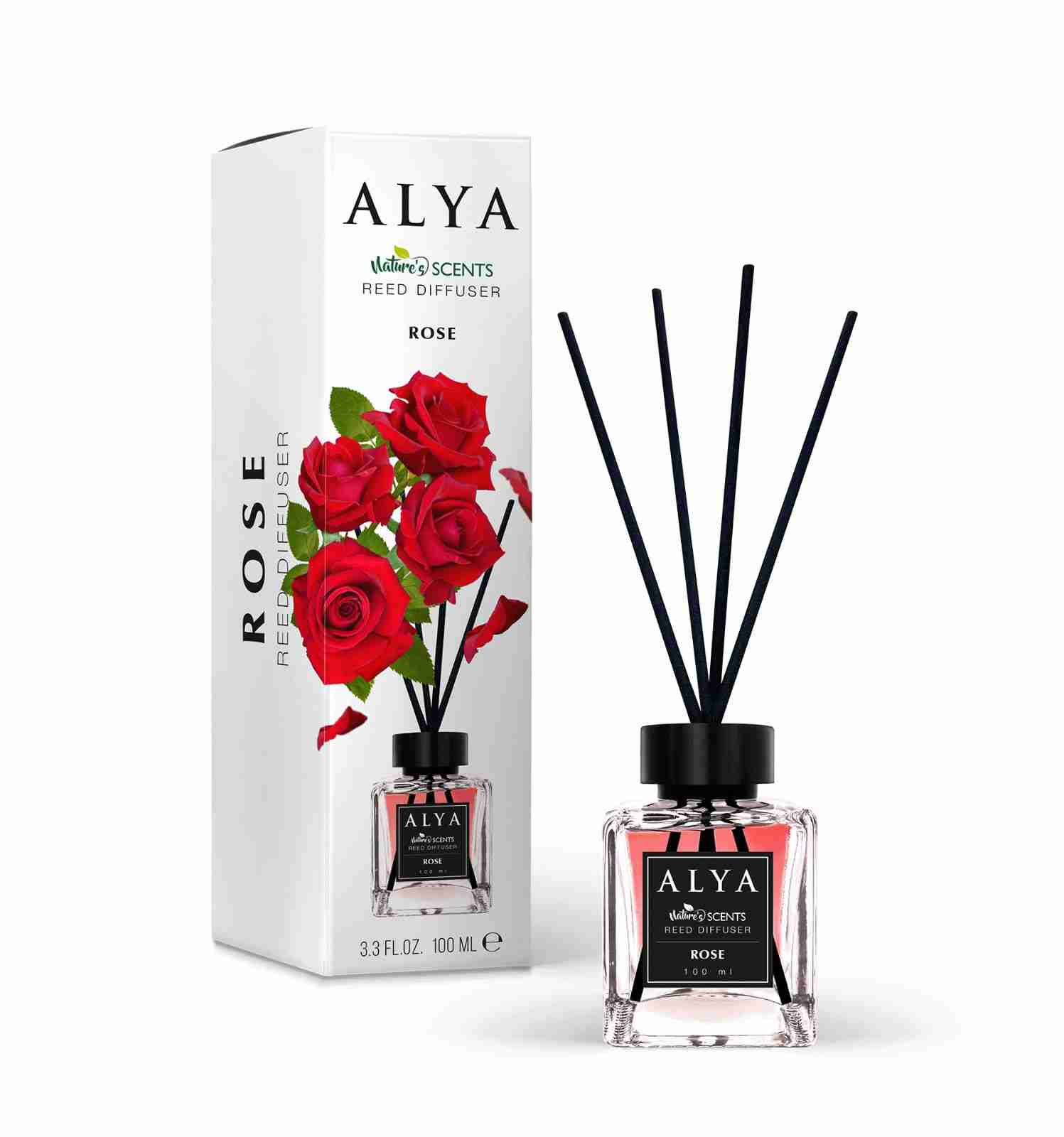 Odorizant de cameră Alya Rose 100 ml, flacon cu bețișoare negre și cutie