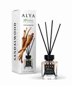 Odorizant de cameră Alya Sandalwood 100 ml, flacon cu bețișoare negre și cutie
