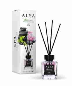 Odorizant de cameră Alya Spa 100 ml, flacon cu bețișoare negre și cutie