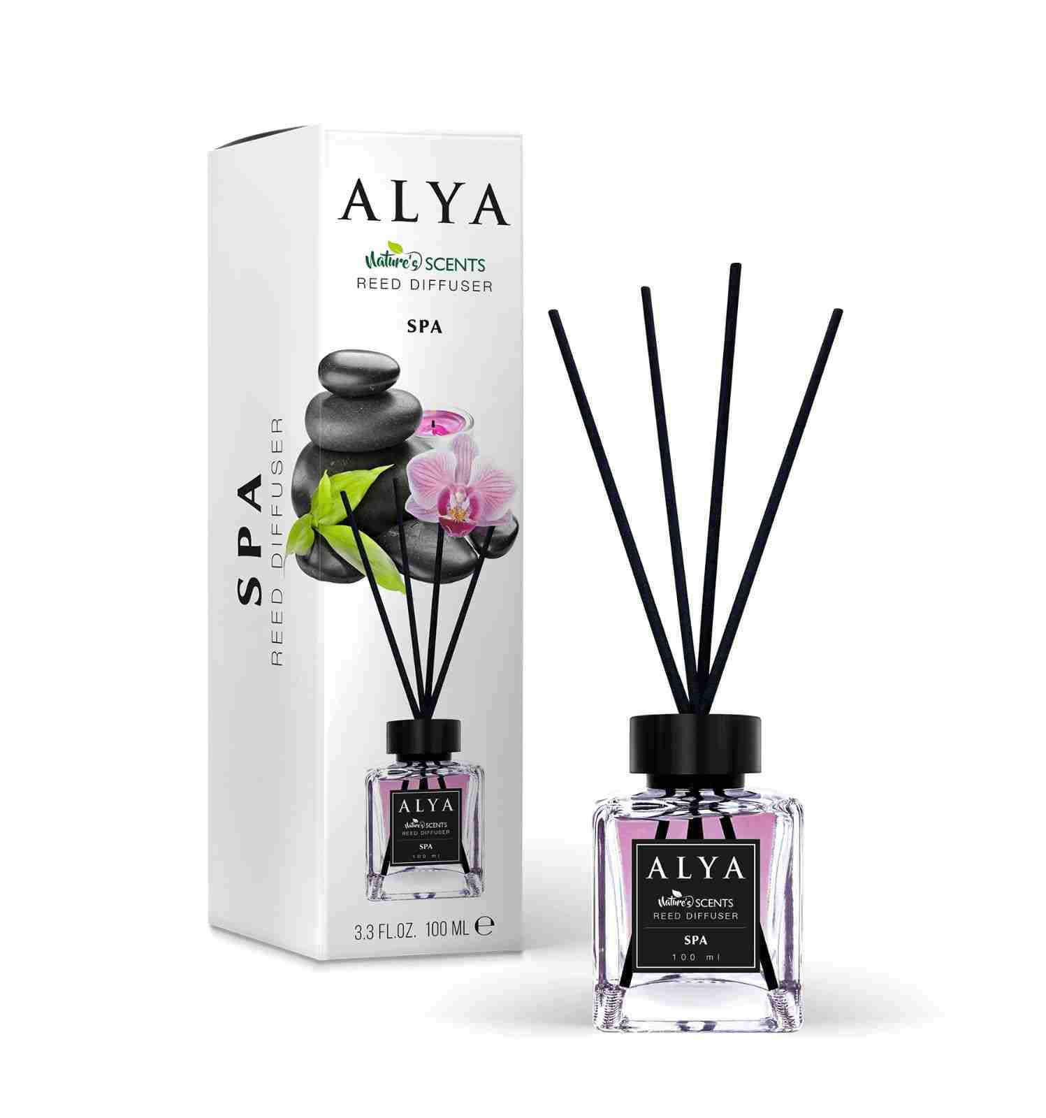Odorizant de cameră Alya Spa 100 ml, flacon cu bețișoare negre și cutie
