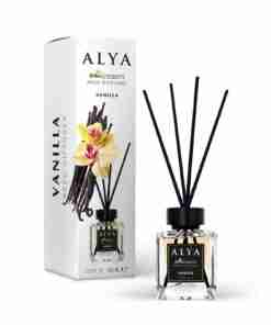 Odorizant de cameră Alya Vanilla 100 ml, flacon cu bețișoare negre și cutie