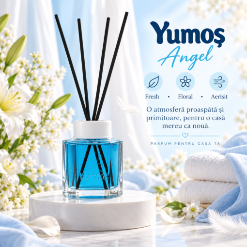 Odorizant de cameră Yumoş Angel 120 ml cu flacon albastru și bețișoare negre, într-un decor cu flori albe și prezentarea aromei fresh, florale și aerisite.