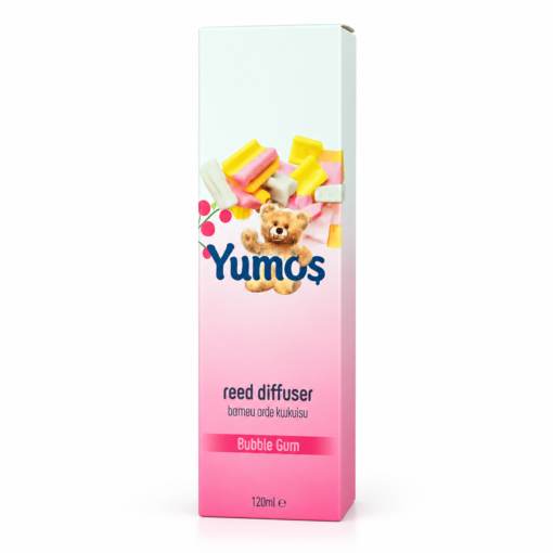 Cutie odorizant de cameră Yumoş Bubble Gum 120 ml, ambalaj roz cu ursuleț, dulciuri colorate și denumirea aromei Bubble Gum.
