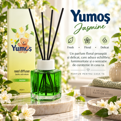 Odorizant Yumoş Jasmine 120 ml cu flacon verde și cutie, în decor cu flori albe de iasomie și descrierea aromei fresh, florale și delicate.