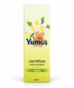 Cutie odorizant de cameră Yumoş Jasmine Iasomie 120 ml, ambalaj galben-verzui cu flori albe, ursuleț și denumirea Jasmine.