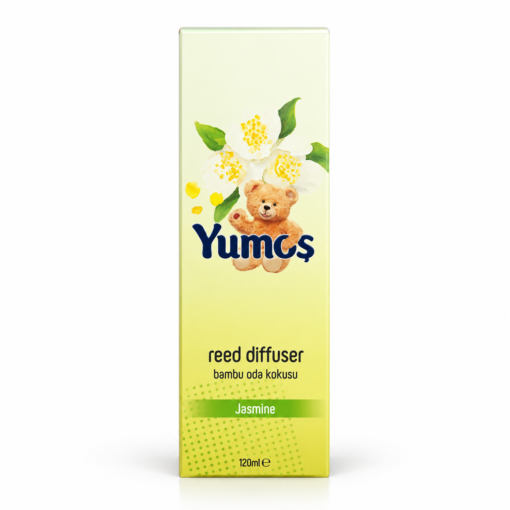 Cutie odorizant de cameră Yumoş Jasmine Iasomie 120 ml, ambalaj galben-verzui cu flori albe, ursuleț și denumirea Jasmine.
