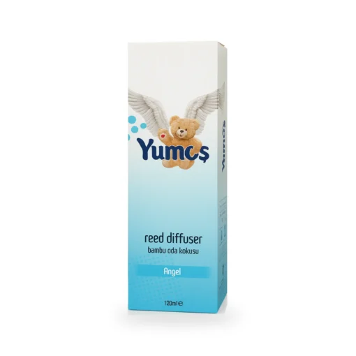 Cutie odorizant de cameră Yumoş Angel 120 ml, ambalaj alb-albastru cu ursuleț, aripi de înger, logo Yumoş și denumirea Angel.