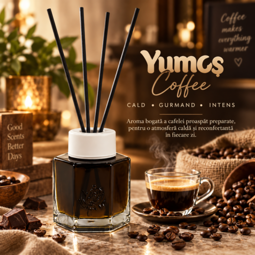 Odorizant de cameră Yumoş Coffee 120 ml, flacon din sticlă cu lichid maro închis, capac alb și patru bețișoare difuzoare negre, pe fundal alb.
