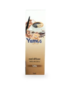 Cutie odorizant de cameră Yumoş Coffee 120 ml, ambalaj bej-maro cu ceașcă de cafea, boabe de cafea, ursuleț și denumirea Coffee.