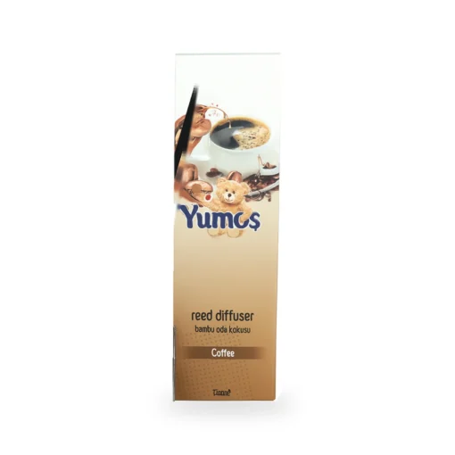 Cutie odorizant de cameră Yumoş Coffee 120 ml, ambalaj bej-maro cu ceașcă de cafea, boabe de cafea, ursuleț și denumirea Coffee.