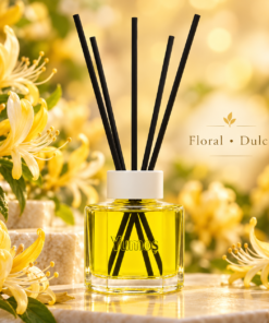Odorizant Yumoş Hanimeli 120 ml cu flacon galben și bețișoare negre, în decor auriu cu flori galbene de caprifoi și prezentarea aromei florale dulci.