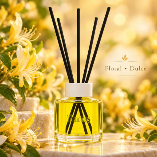 Odorizant Yumoş Hanimeli 120 ml cu flacon galben și bețișoare negre, în decor auriu cu flori galbene de caprifoi și prezentarea aromei florale dulci.