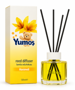 Yumoş Hanimeli Caprifoi 120 ml, odorizant de cameră cu flacon galben, patru bețișoare negre și cutie galben-albă cu flori, pe fundal alb.