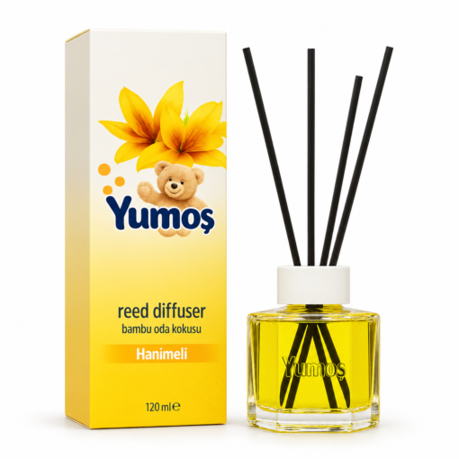 Yumoş Hanimeli Caprifoi 120 ml, odorizant de cameră cu flacon galben, patru bețișoare negre și cutie galben-albă cu flori, pe fundal alb.