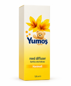Cutie odorizant de cameră Yumoş Hanimeli 120 ml, ambalaj alb-galben cu flori galbene, ursuleț, logo Yumoş și denumirea Hanimeli.