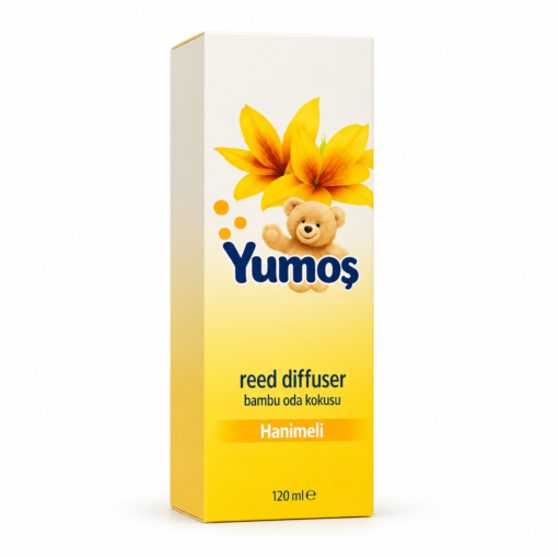Cutie odorizant de cameră Yumoş Hanimeli 120 ml, ambalaj alb-galben cu flori galbene, ursuleț, logo Yumoş și denumirea Hanimeli.