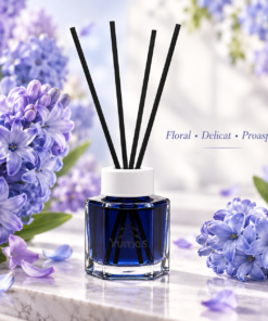 Odorizant Yumoş Hyacinth 120 ml cu flacon albastru și patru bețișoare negre, în decor cu flori mov de zambilă și descrierea aromei florale.