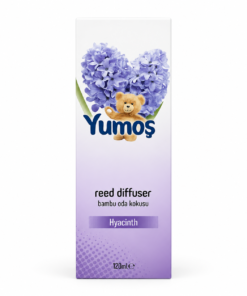 Cutie odorizant de cameră Yumoş Hyacinth Zambilă 120 ml, ambalaj alb-violet cu flori mov de zambilă, ursuleț și logo Yumoş.
