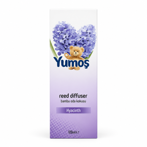 Cutie odorizant de cameră Yumoş Hyacinth Zambilă 120 ml, ambalaj alb-violet cu flori mov de zambilă, ursuleț și logo Yumoş.