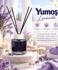 Odorizant Yumoş Lavender 120 ml cu flacon violet și bețișoare negre, în decor cu flori de lavandă, lumânări și textile mov, cu descrierea aromei florale.