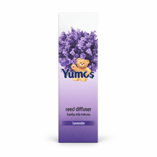 Cutie odorizant de cameră Yumoş Lavender 120 ml, ambalaj alb-violet cu flori de lavandă, ursuleț, logo Yumoş și denumirea Lavender.