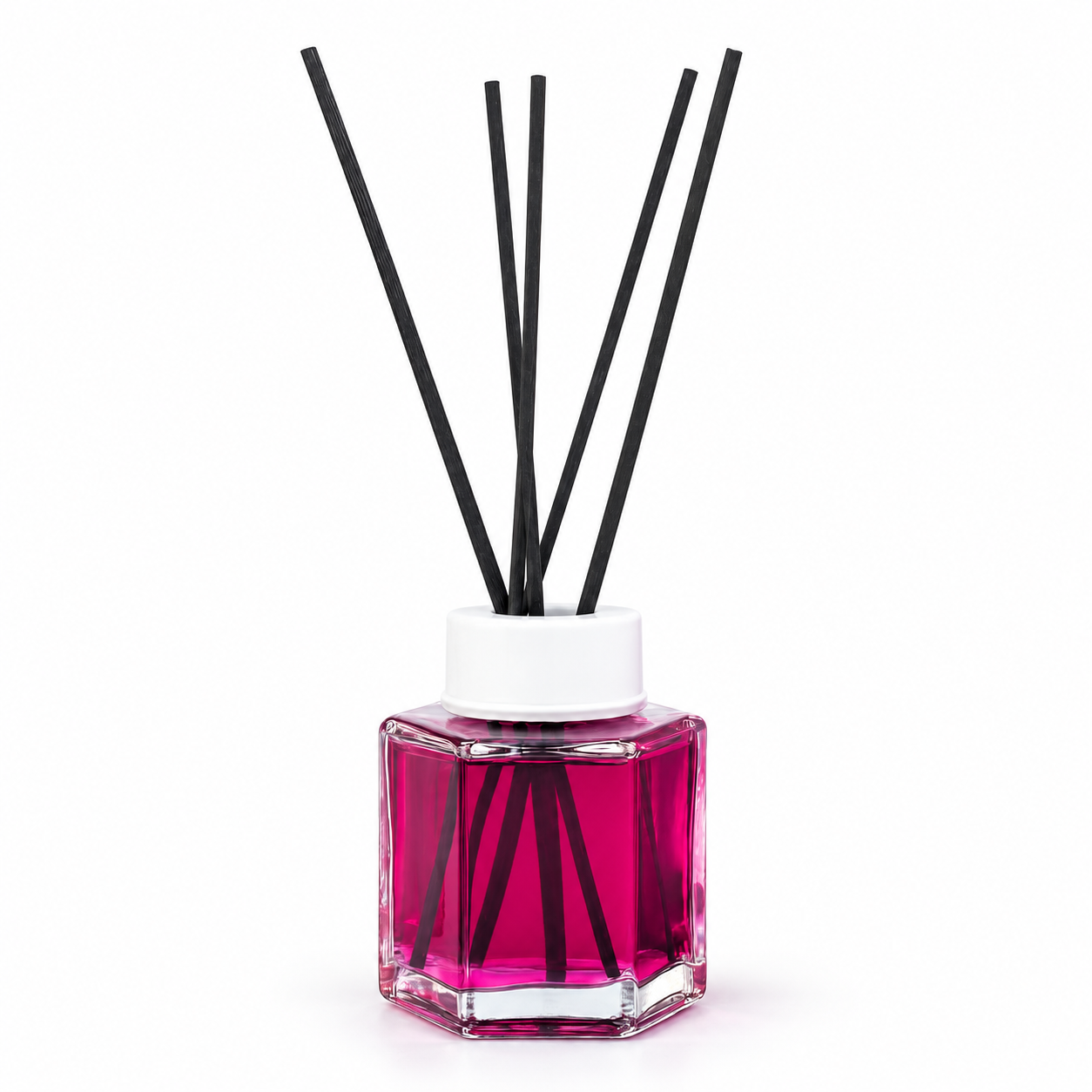 Odorizant de cameră Yumoş Lilac Liliac 120 ml, flacon transparent cu lichid roz-fucsia, capac alb și bețișoare negre, pe fundal alb.