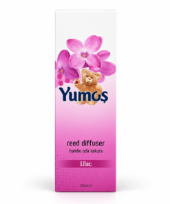 Cutie odorizant de cameră Yumoş Lilac Liliac 120 ml, ambalaj alb-roz cu flori roz, ursuleț, logo Yumoş și denumirea Lilac.