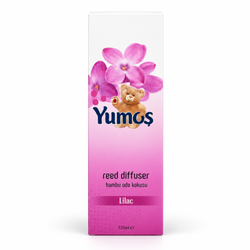 Cutie odorizant de cameră Yumoş Lilac Liliac 120 ml, ambalaj alb-roz cu flori roz, ursuleț, logo Yumoş și denumirea Lilac.