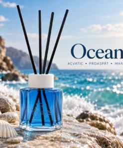 Odorizant Yumoş Ocean 120 ml cu flacon albastru și patru bețișoare negre, în decor marin cu valuri, stânci și scoici, aromă acvatică proaspătă.