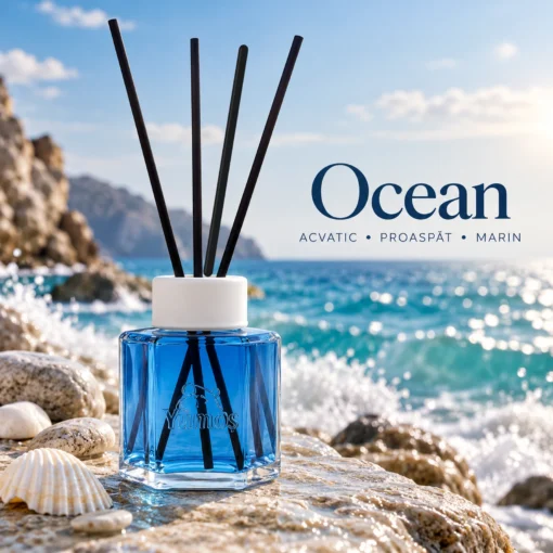 Odorizant Yumoş Ocean 120 ml cu flacon albastru și patru bețișoare negre, în decor marin cu valuri, stânci și scoici, aromă acvatică proaspătă.