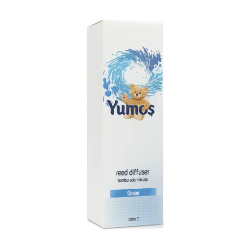 Cutie odorizant de cameră Yumoş Ocean 120 ml, ambalaj alb cu val albastru, ursuleț, logo Yumoş și denumirea Ocean.