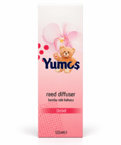 Cutie odorizant de cameră Yumoş Orchid 120 ml, ambalaj alb-roz cu floare de orhidee, ursuleț și denumirea Orchid, pe fundal alb.