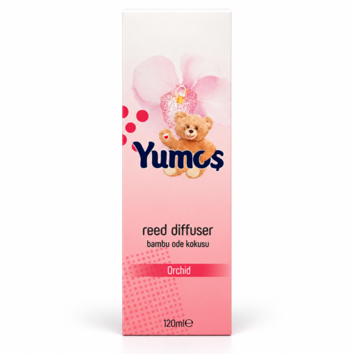 Cutie odorizant de cameră Yumoş Orchid 120 ml, ambalaj alb-roz cu floare de orhidee, ursuleț și denumirea Orchid, pe fundal alb.